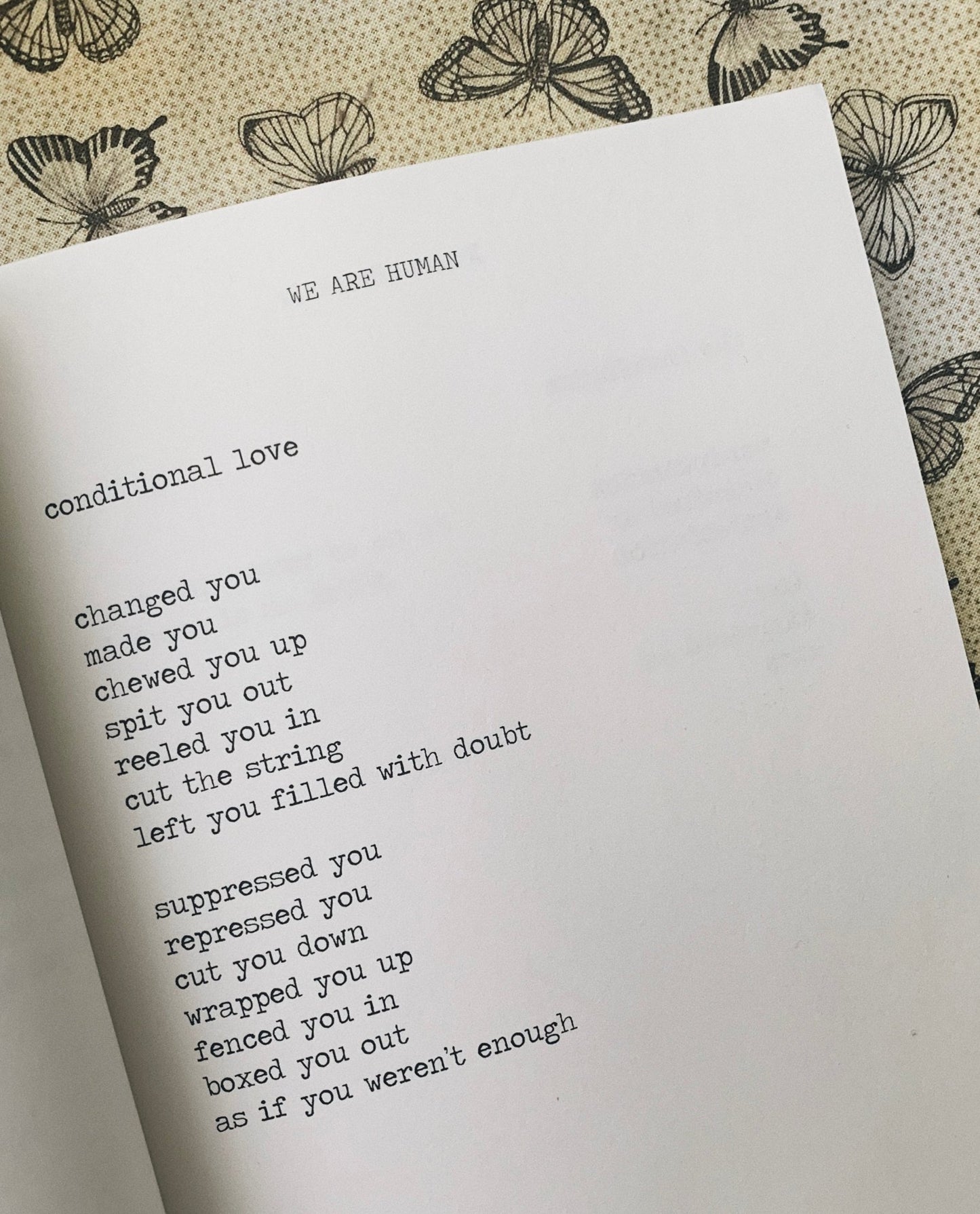 A poem titled conditional love from the poetry collection We Are Human.