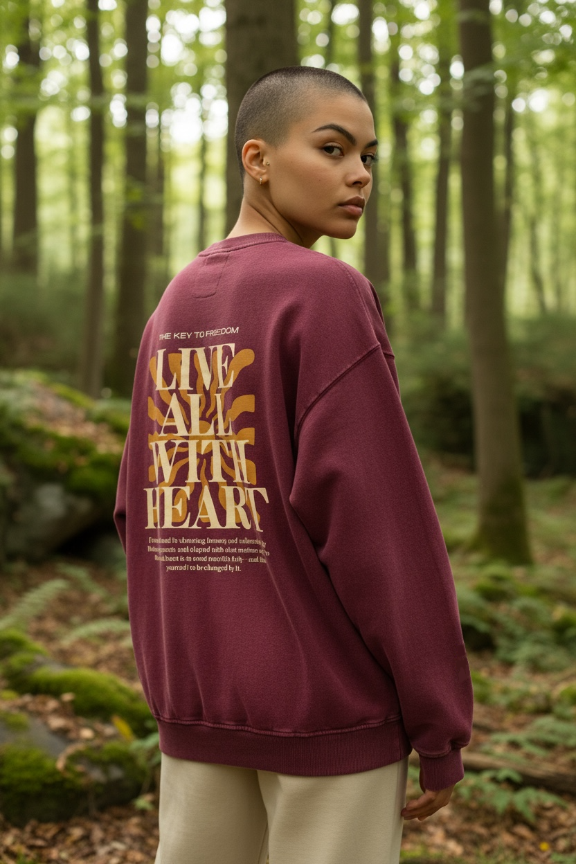 Person wearing a maroon sweatshirt with text in a forest setting
