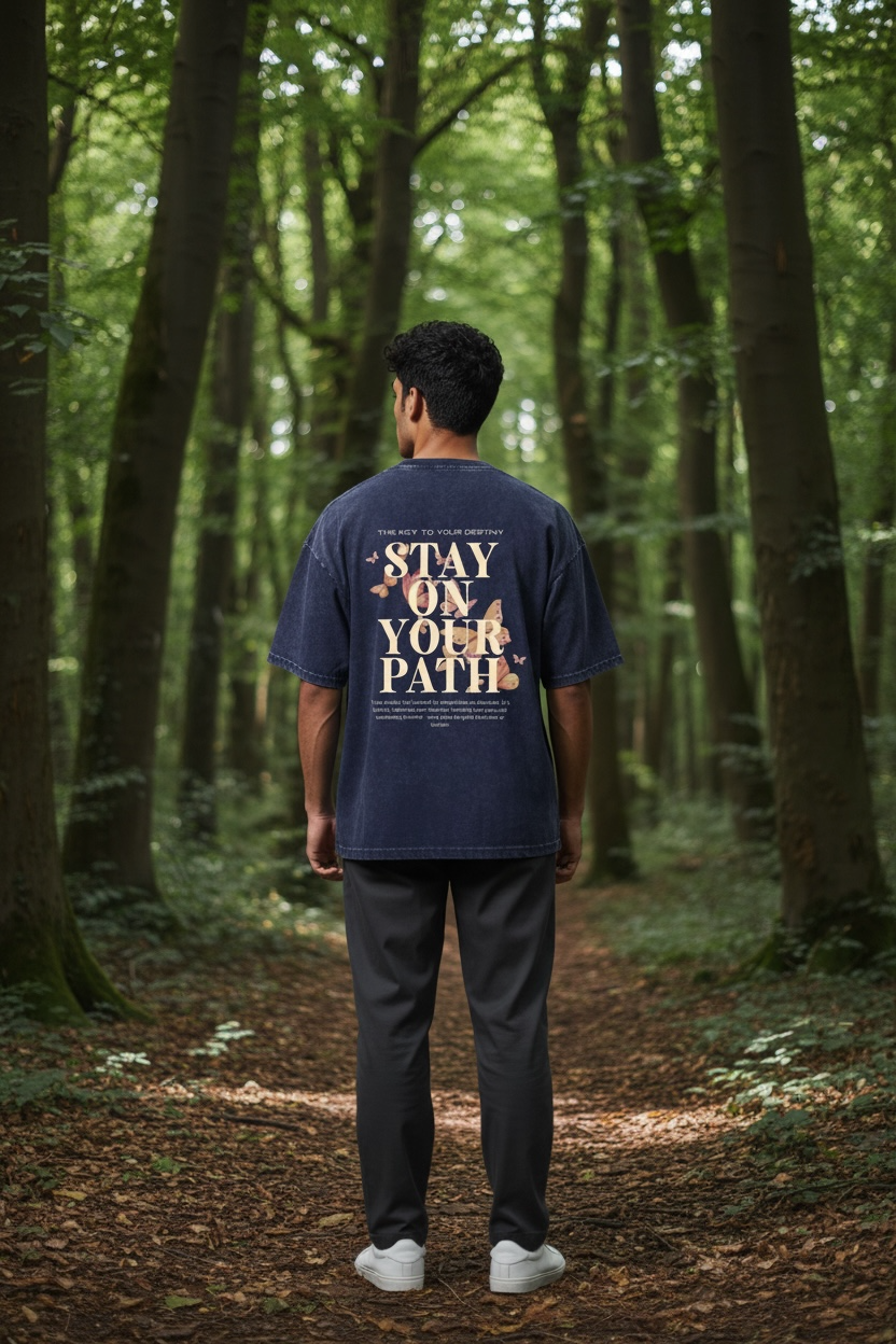 Person wearing a navy blue t-shirt with 'Stay on Your Path' text in a forest setting