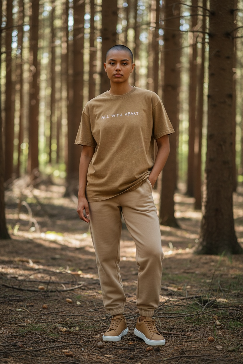 Person wearing a beige t-shirt with text in a forest setting