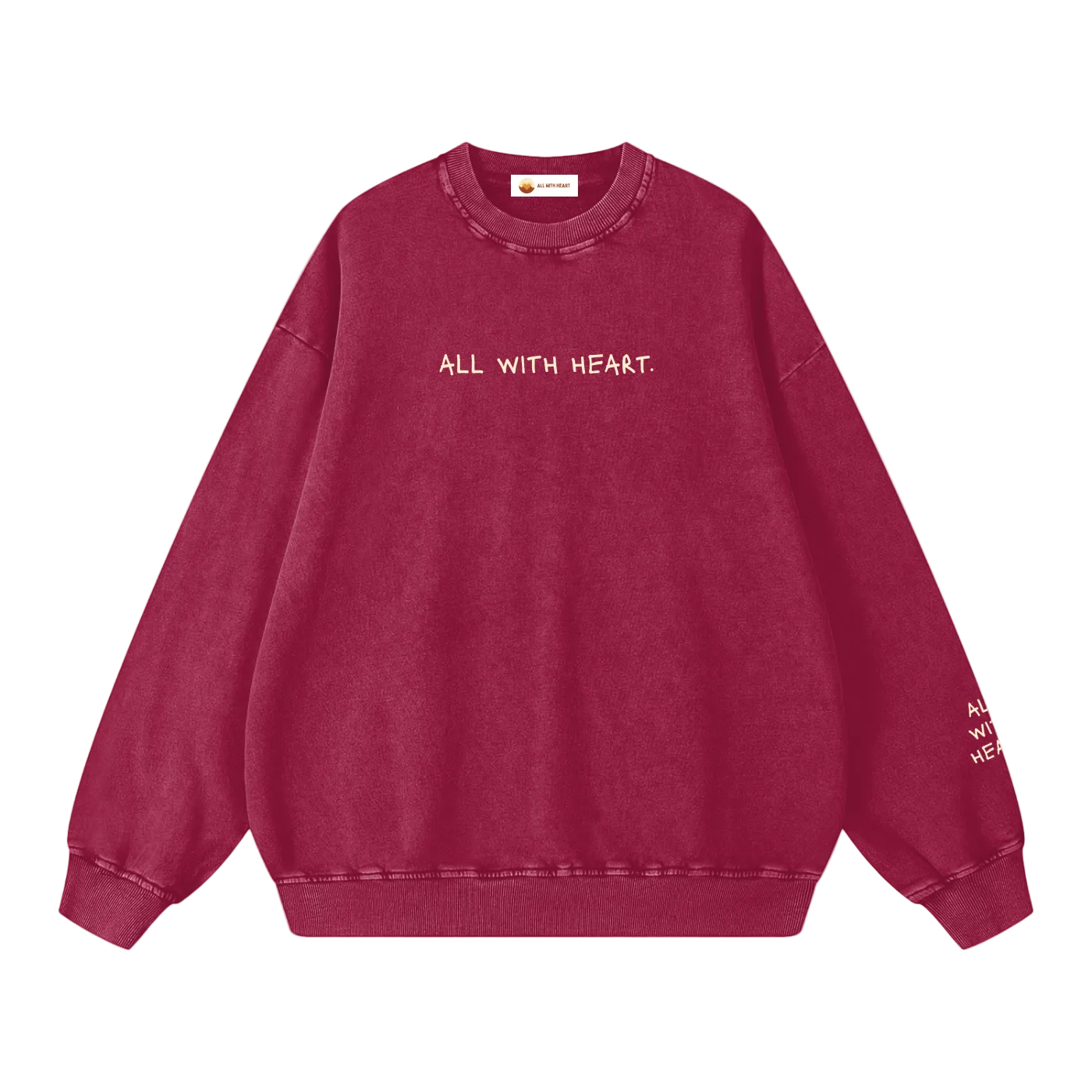 Red sweatshirt with 'All with Heart' text on a white background