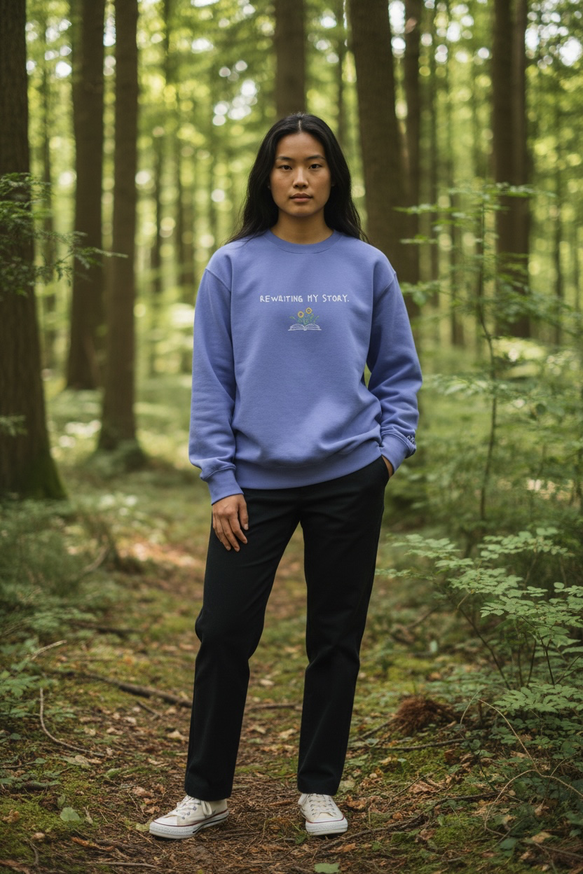 A woman wearing a blue Crewneck that says “Rewriting My Story” with an open book and flowers design.
