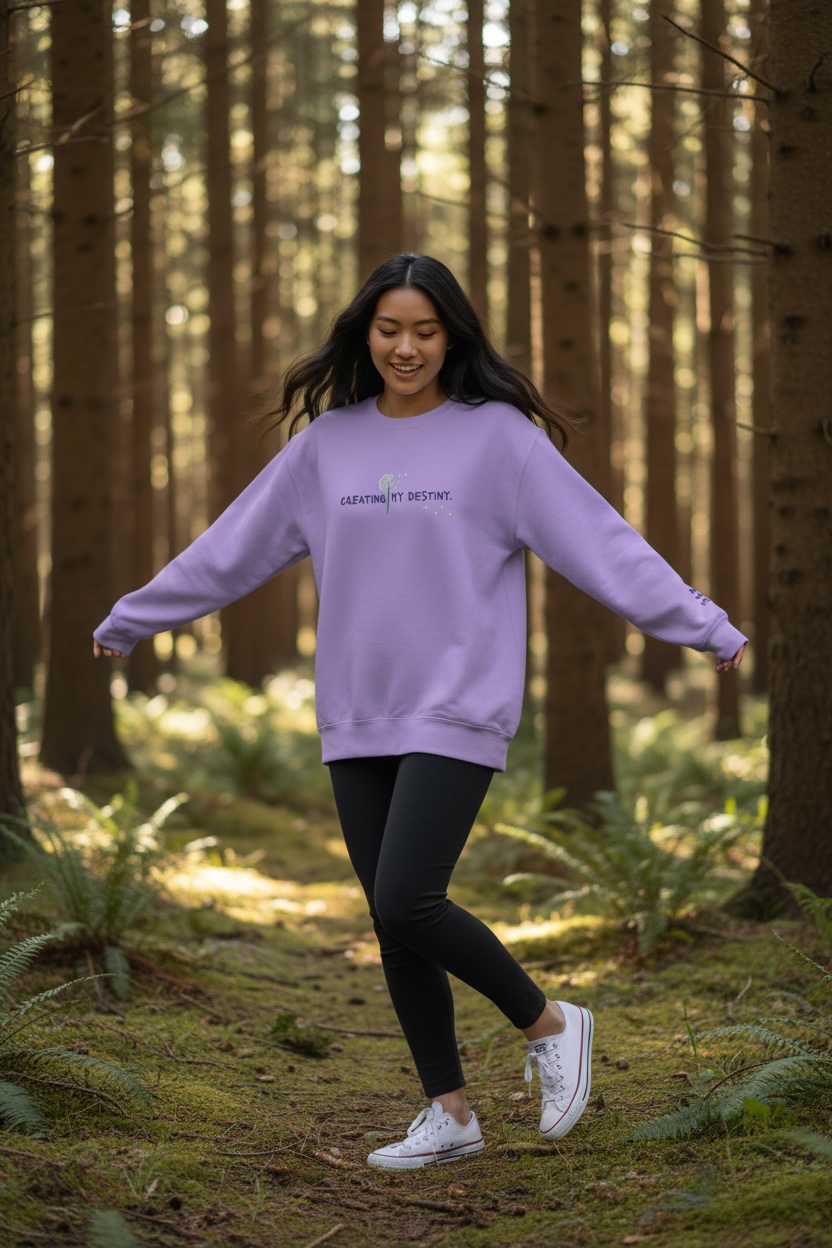 A woman wearing a purple Crewneck that says “Creating My Destiny” with a dandelion design.