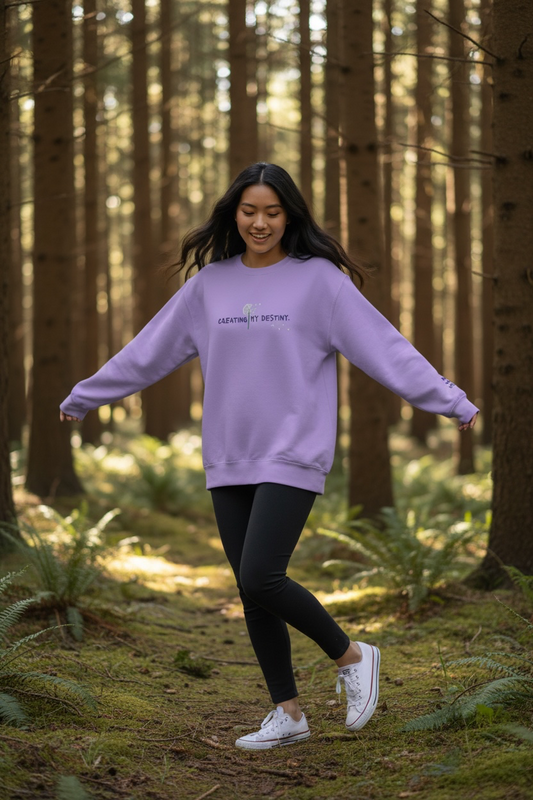 A woman wearing a purple Crewneck that says “Creating My Destiny” with a dandelion design.