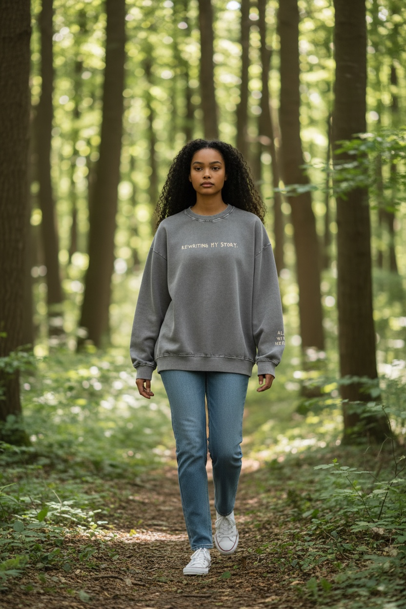 Woman walking through a forest wearing a gray sweatshirt and blue jeans.