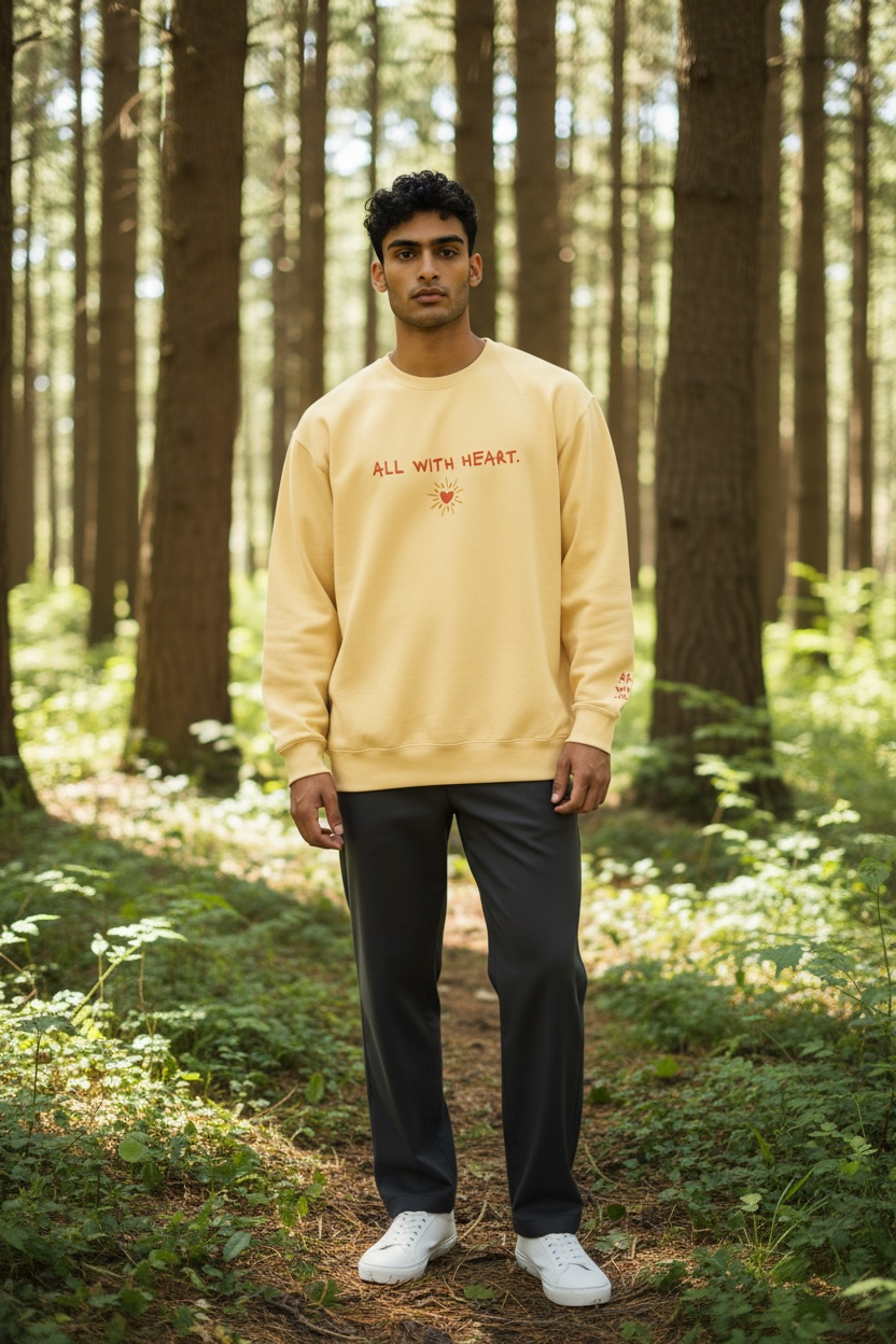 A man wearing a yellow Crewneck in the forest that says “All With Heart” in embroidery.