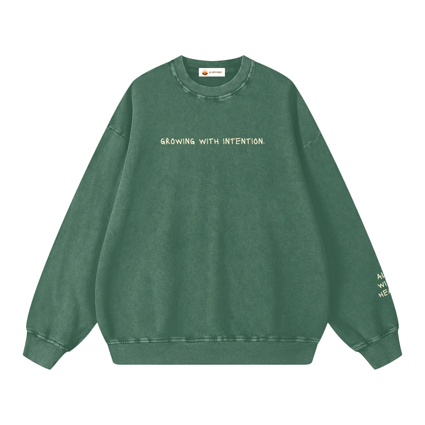 Green sweatshirt with 'GROWING WITH INTENTION' text on a white background