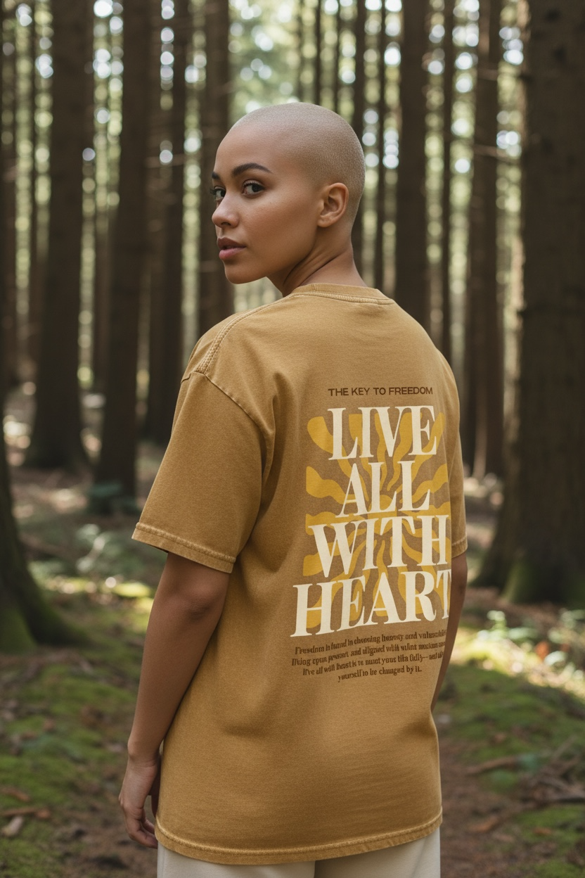 Person wearing a mustard yellow t-shirt with text in a forest