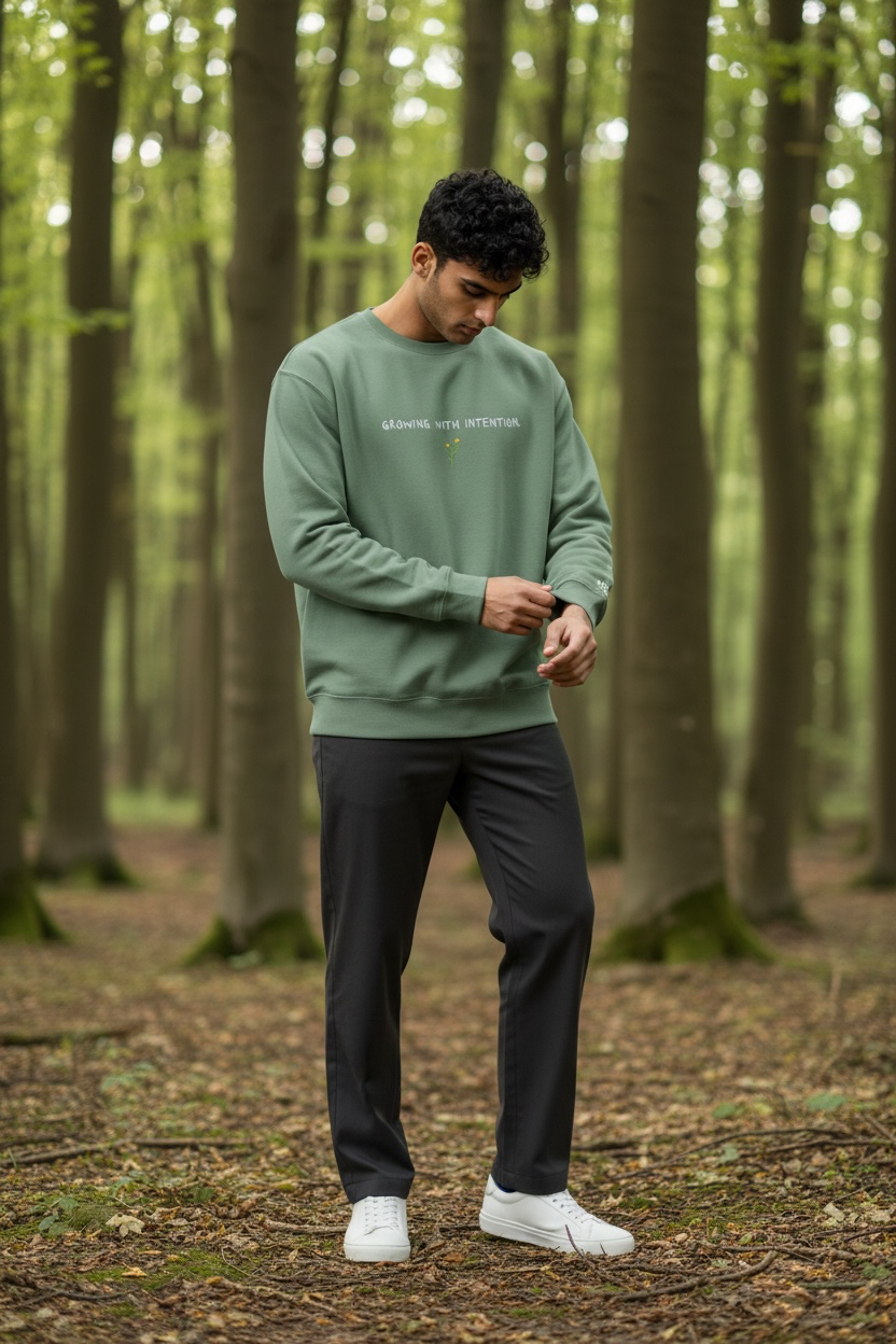 A man wearing a green eco-conscious crewneck with “Growing With Intention” text and yellow flower design.