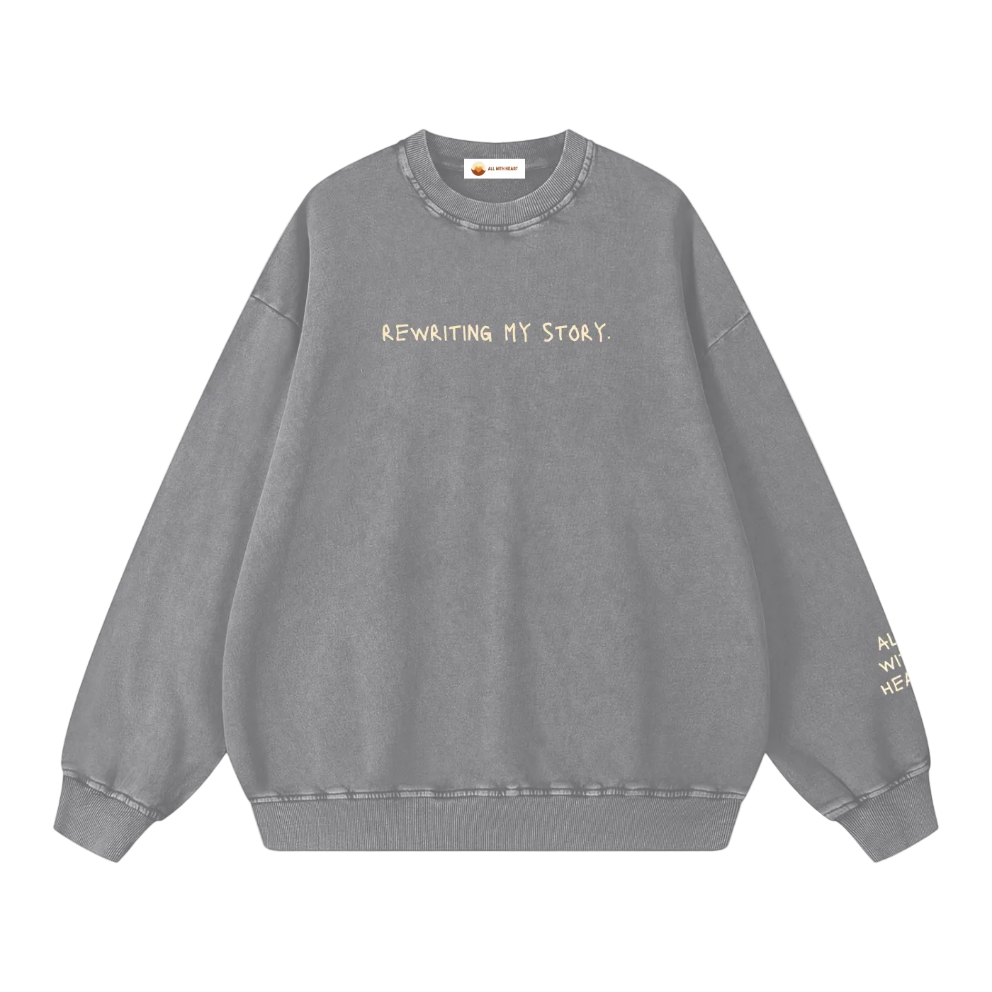 Black sweatshirt with 'REWRITING MY STORY' text on a white background