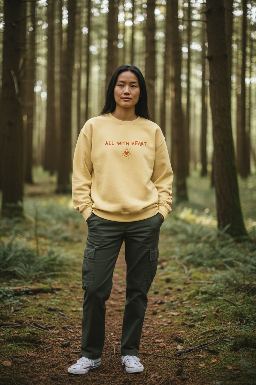 A woman wearing in the forest wearing a yellow Crewneck that says “All With Heart” in embroidery.