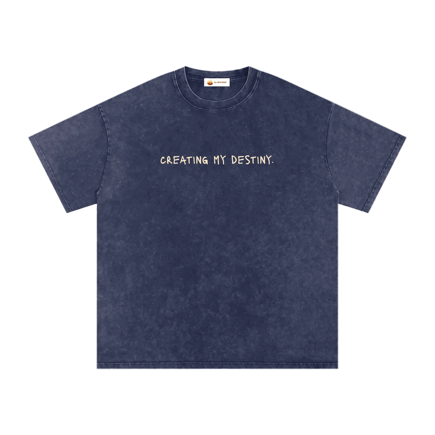 Navy blue t-shirt with 'CREATING MY DESTINY' text on a white background