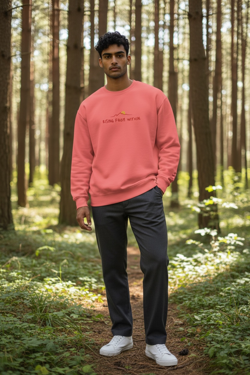 A man wearing a bright red Crewneck that says “Rising From Within” with a mountain ridge design.