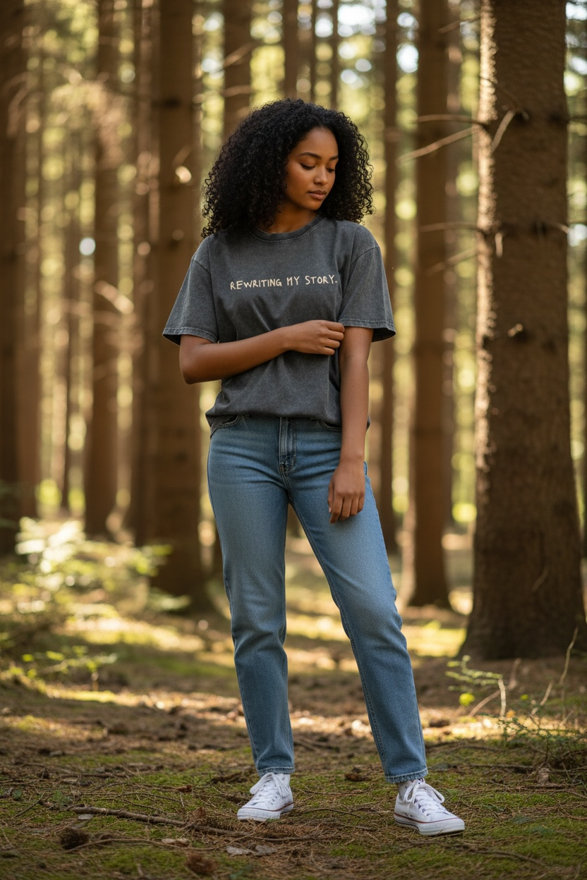 Woman wearing a gray t-shirt and blue jeans standing in a forest