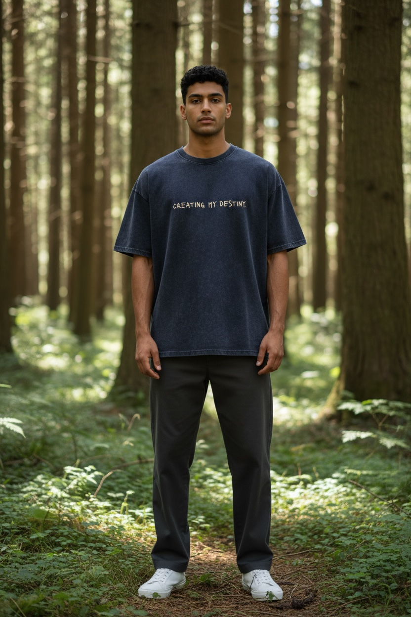 Man wearing a navy blue t-shirt with text standing in a forest