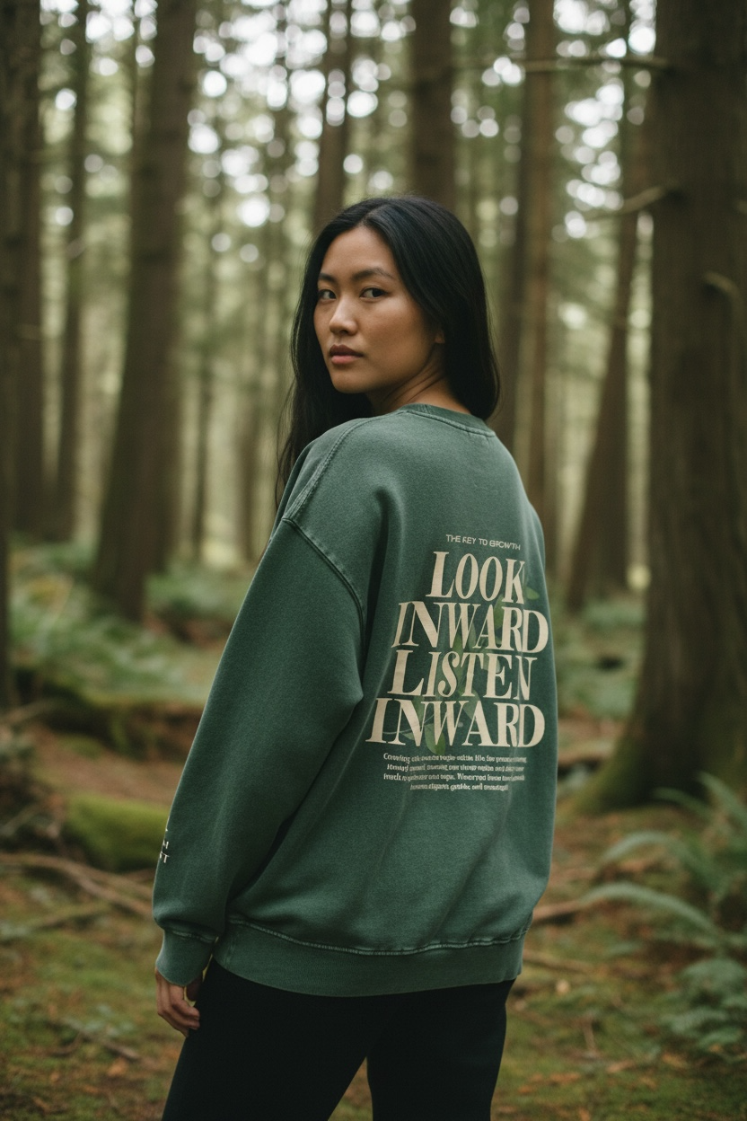 Person wearing a green sweatshirt with text in a forest