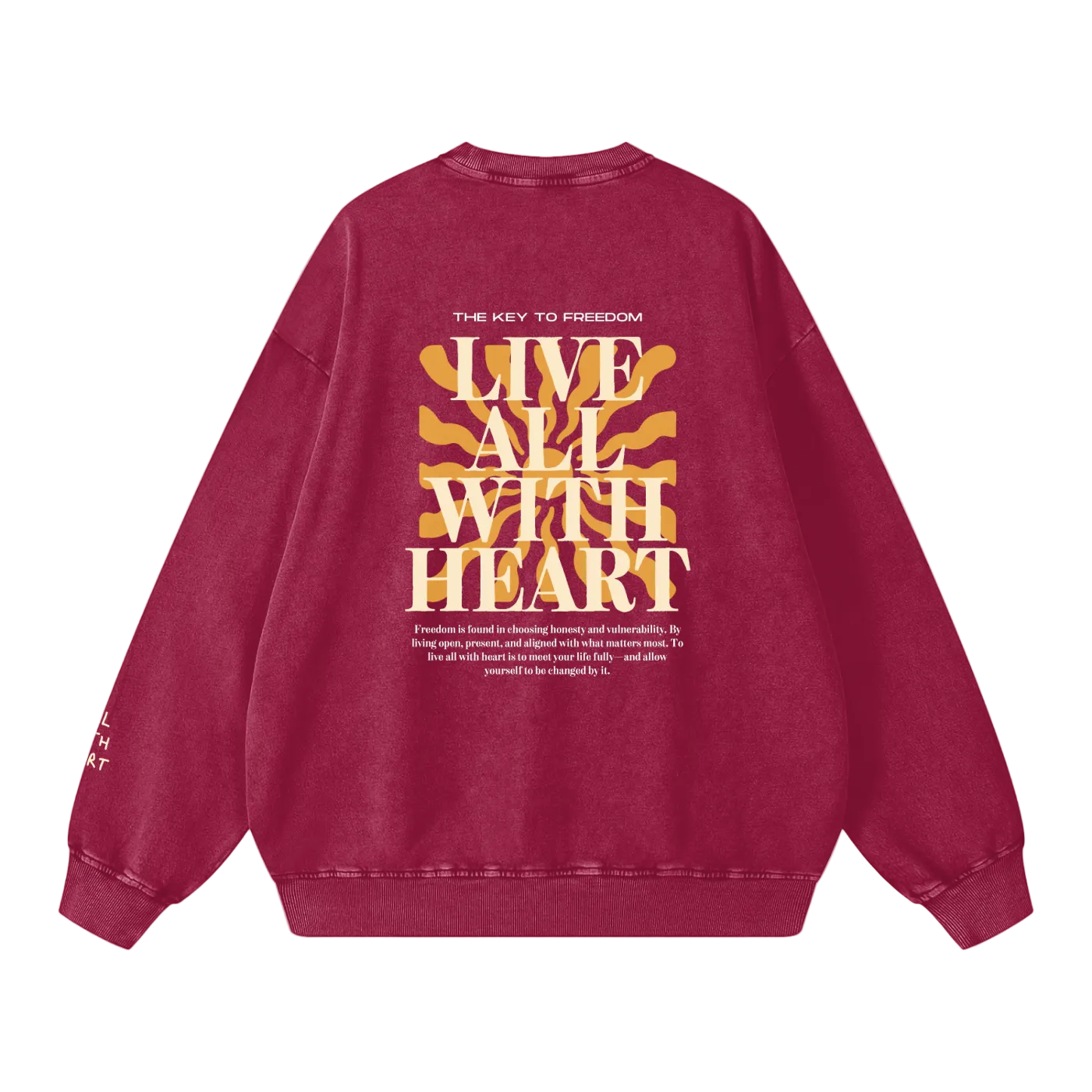Red sweatshirt with yellow and white text on a white background
