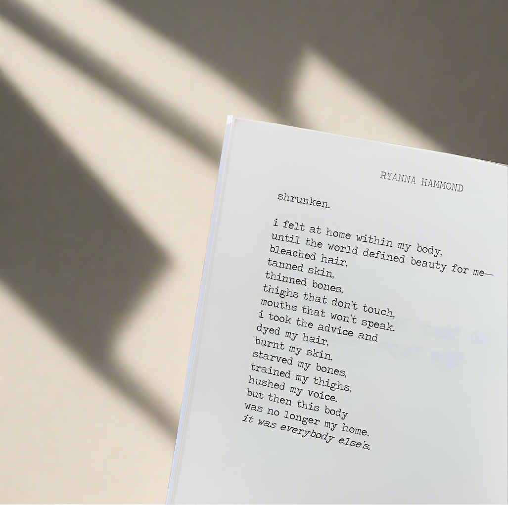 A poem titled “shrunken.” from the book The Door Between Us.