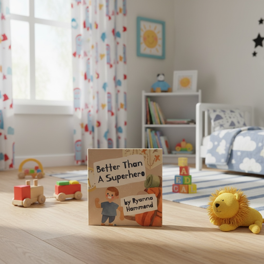 A children’s book cover titled Better Than a Superhero about curiosity and confidence in a kid’s room.