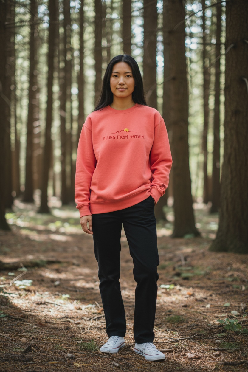 A woman wearing a bright red Crewneck that says “Rising From Within” with a mountain ridge design.