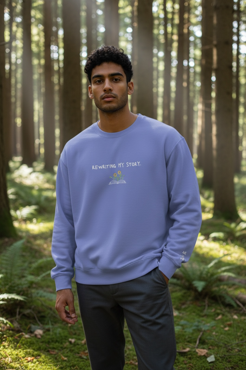 A man wearing a blue Crewneck that says “Rewriting My Story” with an open book and flowers design.