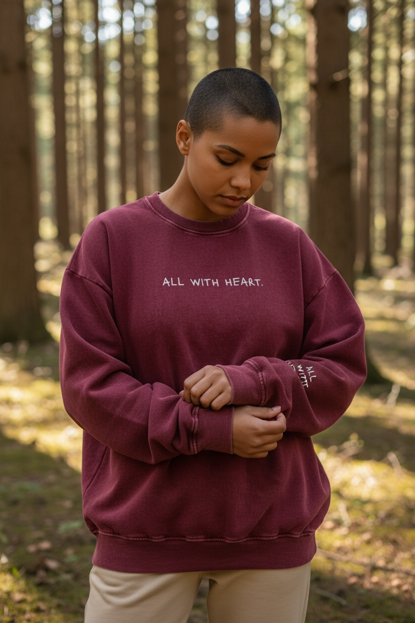 Person wearing a maroon sweatshirt with 'ALL WITH HEART' text in a forest setting