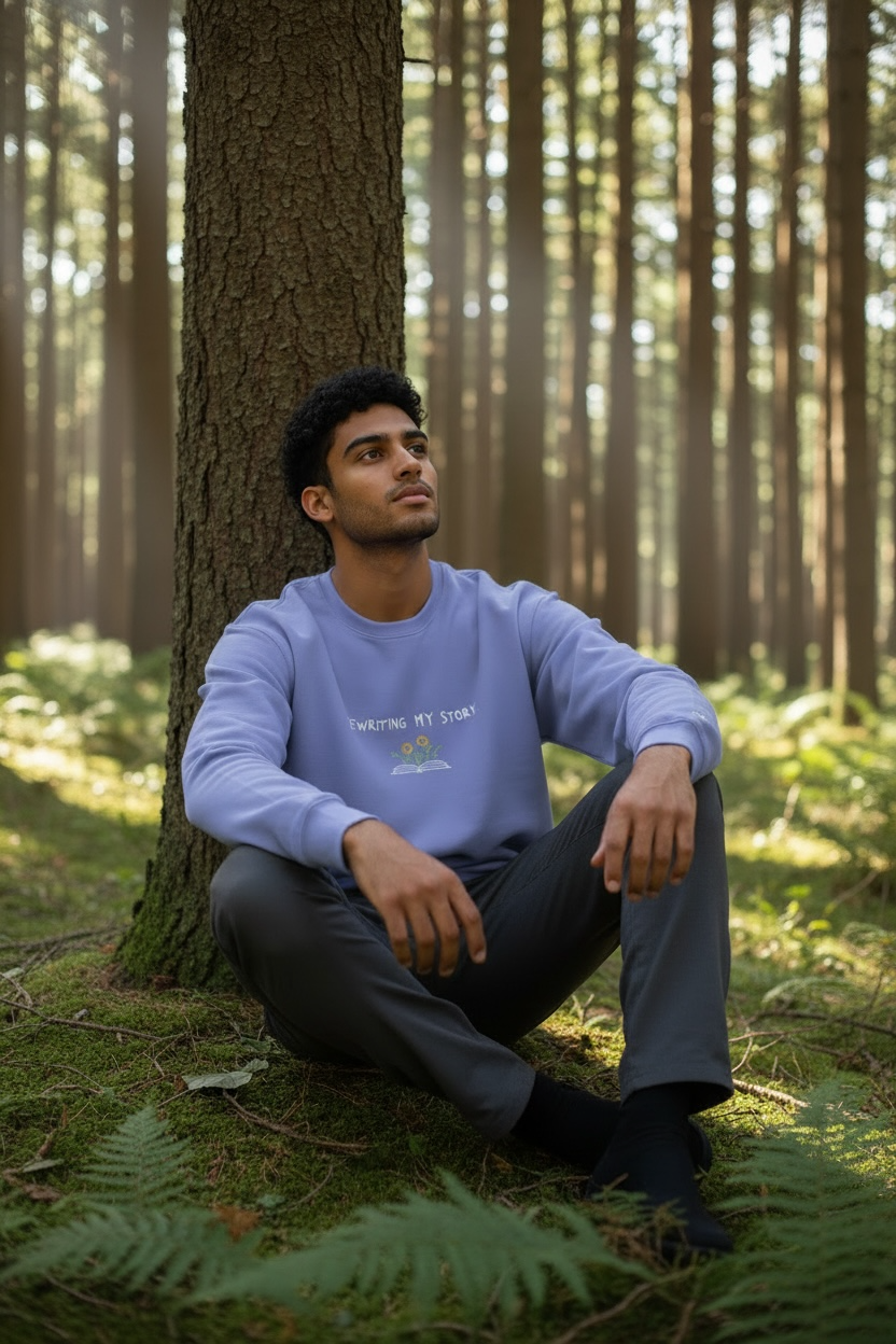 A man sitting, wearing a blue Crewneck that says “Rewriting My Story” with an open book and flowers design.