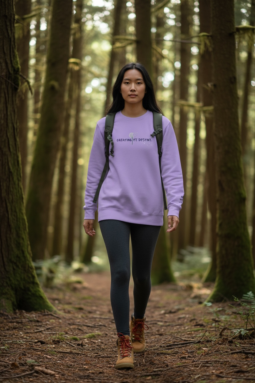 A woman wearing a purple Crewneck that says “Creating My Destiny” with a dandelion design.