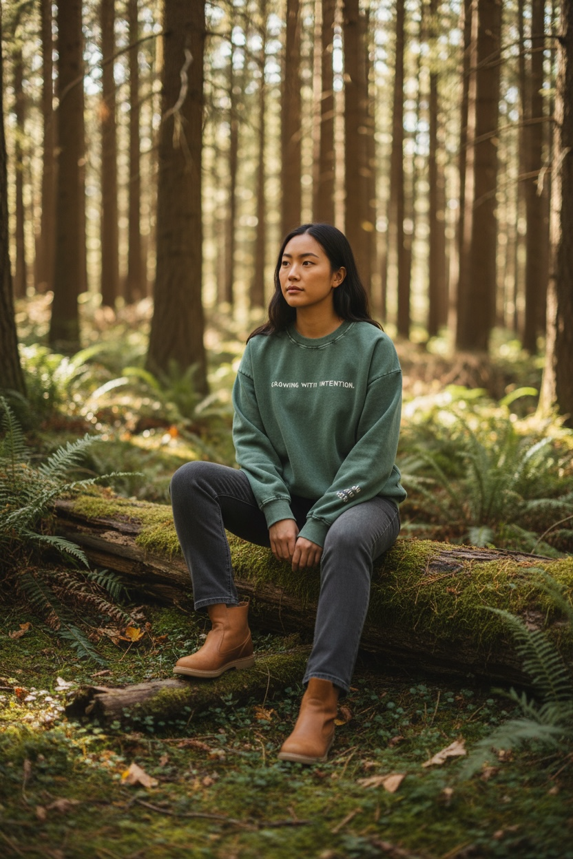 Person sitting on a log in a forest wearing a green sweatshirt.