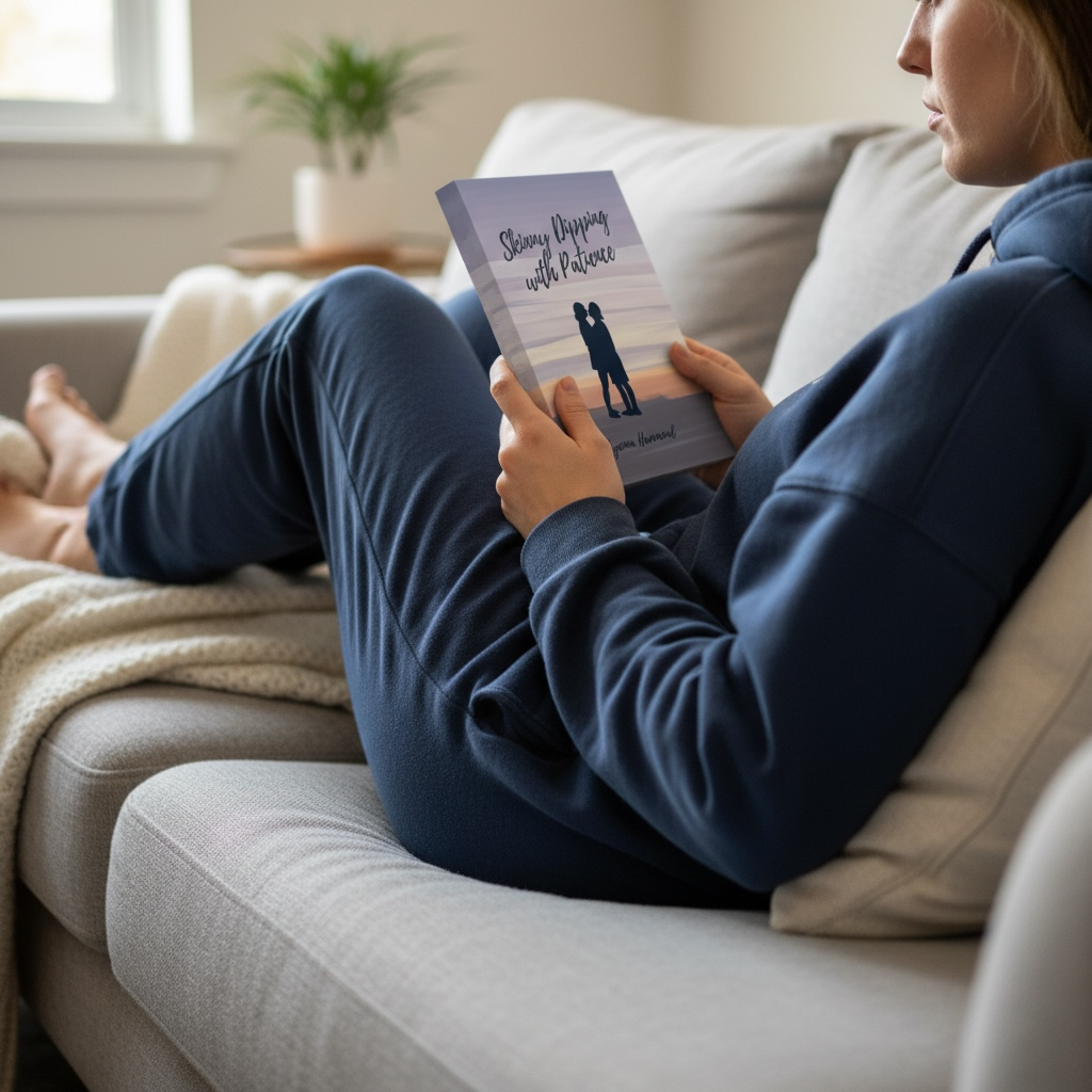 A woman holding a poetry collection Skinny Dipping with Patience.