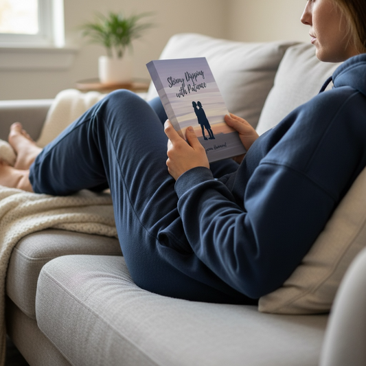 A woman holding a poetry collection Skinny Dipping with Patience.