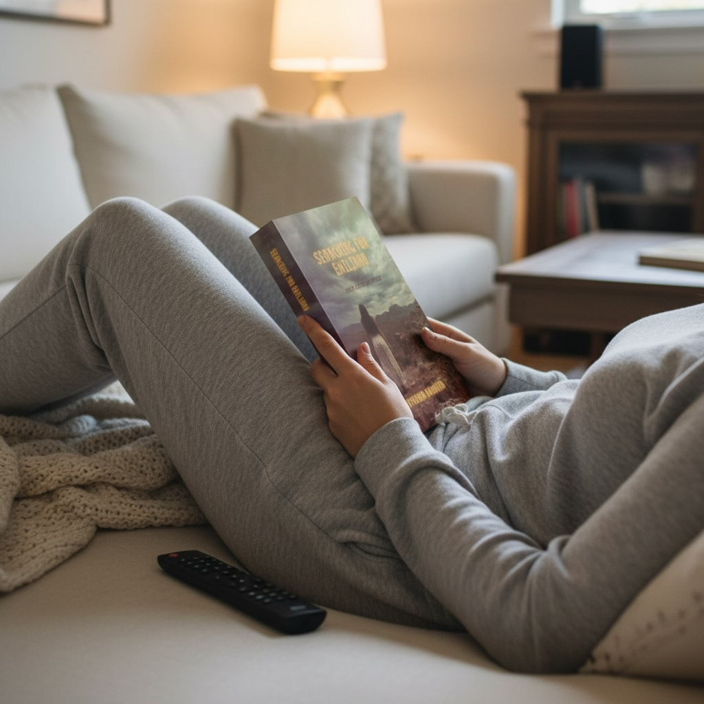 Woman lying down on the couch holding Searching for Emiliano, a contemporary romance novel.