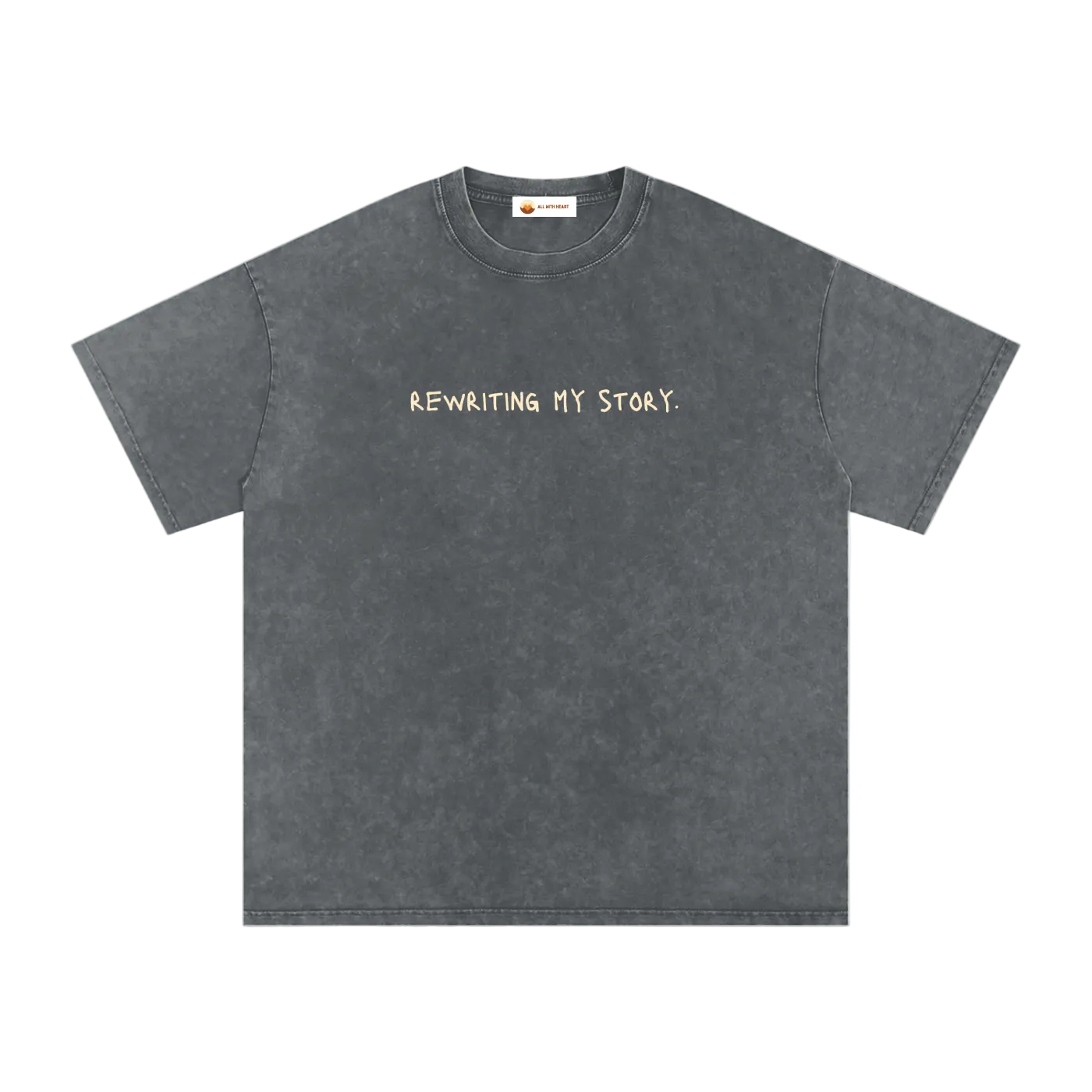 Black t-shirt with 'Rewriting My Story' text on a white background