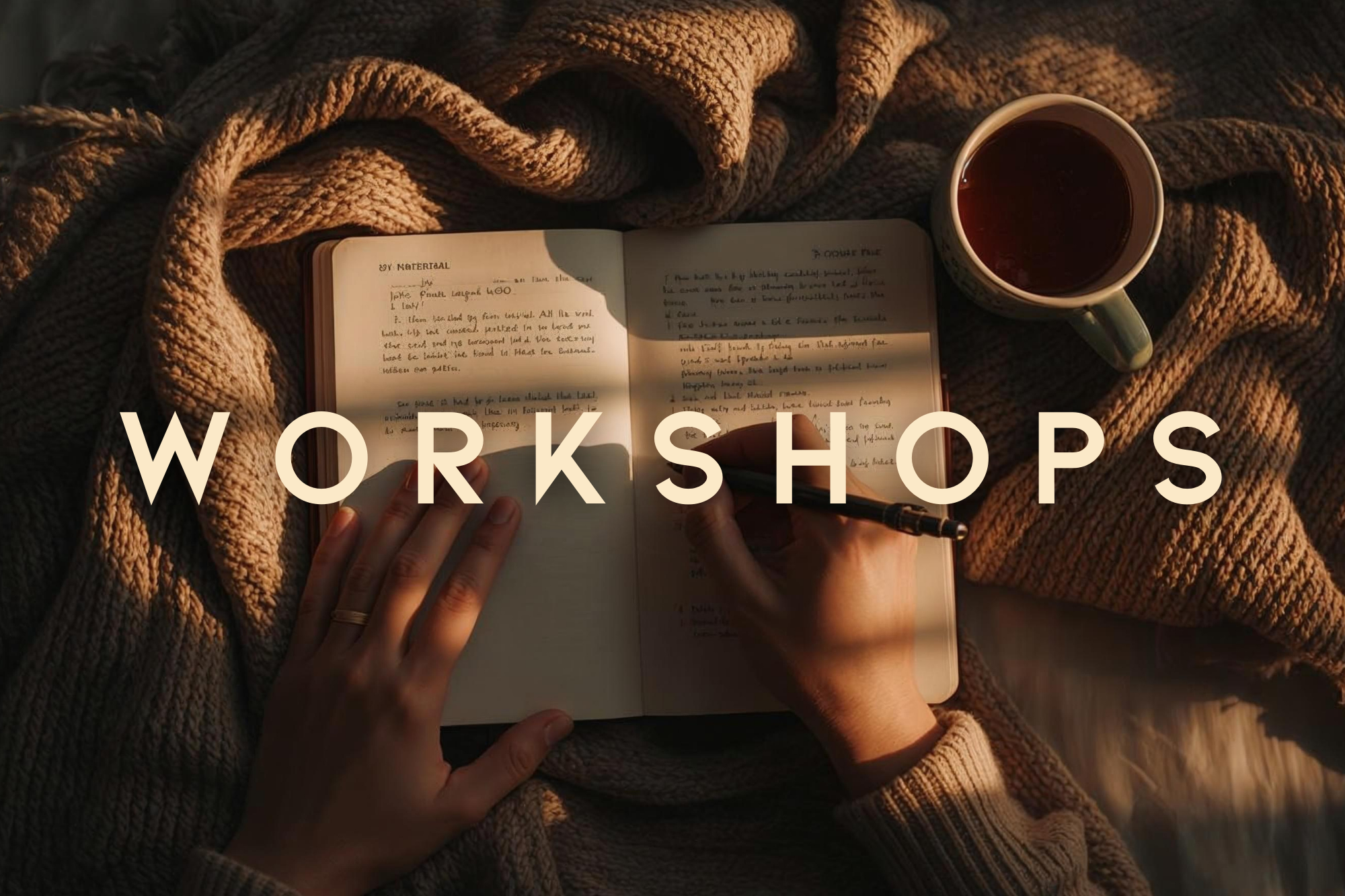 Person reading a book with a cup of tea under a warm blanket, text overlay 'WORKSHOPS'.