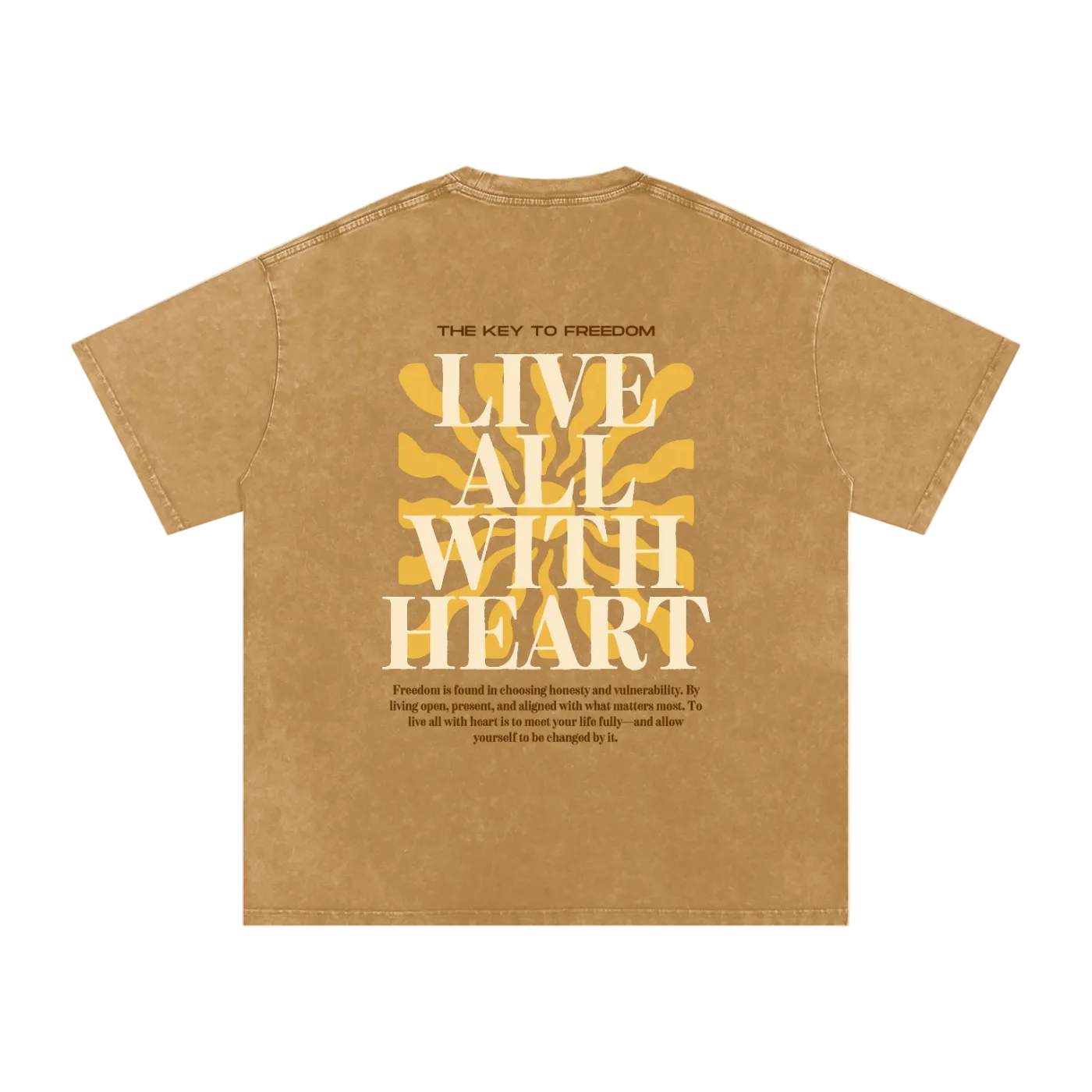 Brown t-shirt with yellow text on a white background