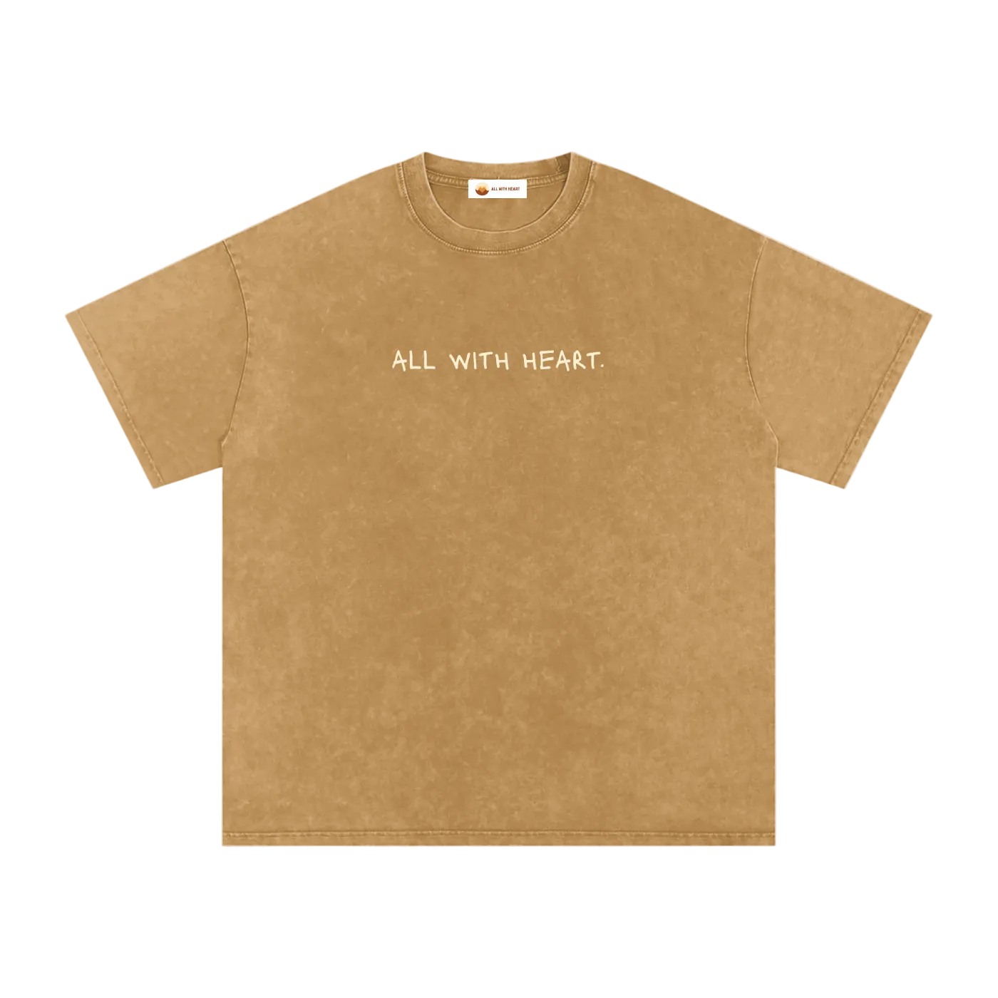 Beige t-shirt with text on a white background