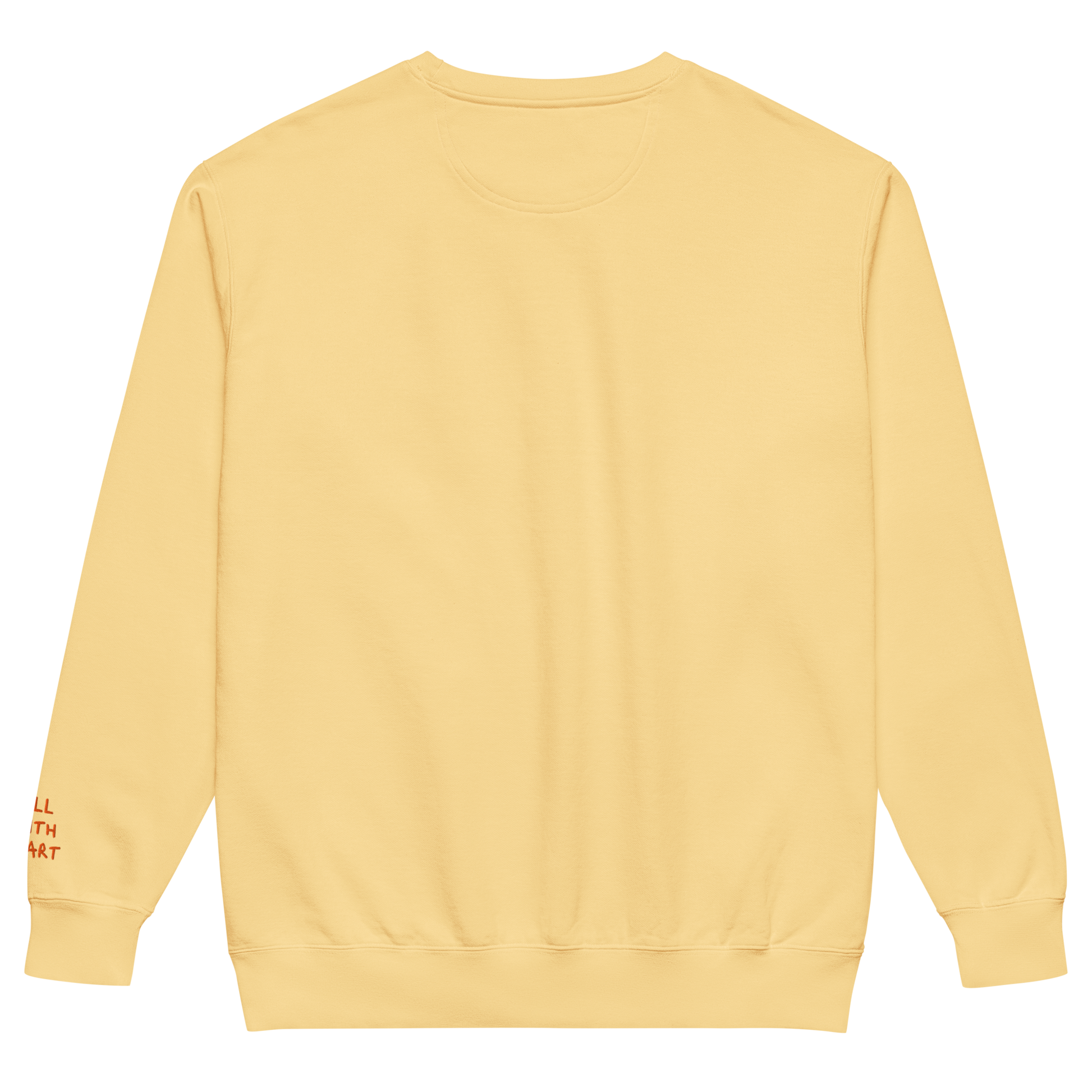 The back of the yellow All With Heart Crewneck, which has no design on it.