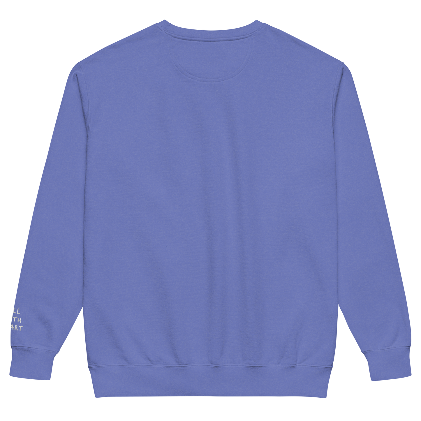 The back side of a blue Crewneck that has nothing written on it.
