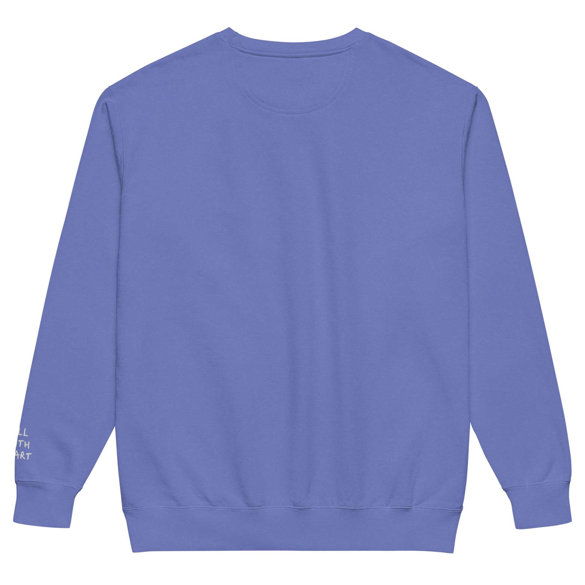 The back side of a blue Crewneck that has nothing written on it.