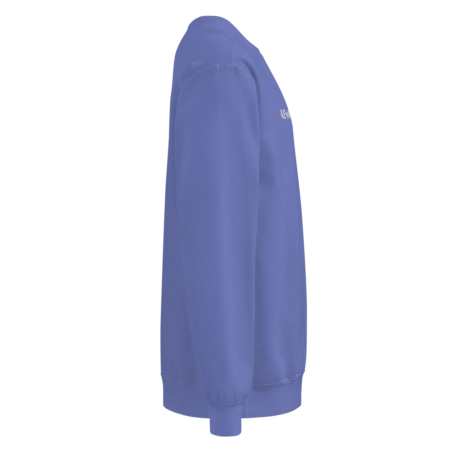 The right side of a blue Crewneck that has nothing written on the sleeve.