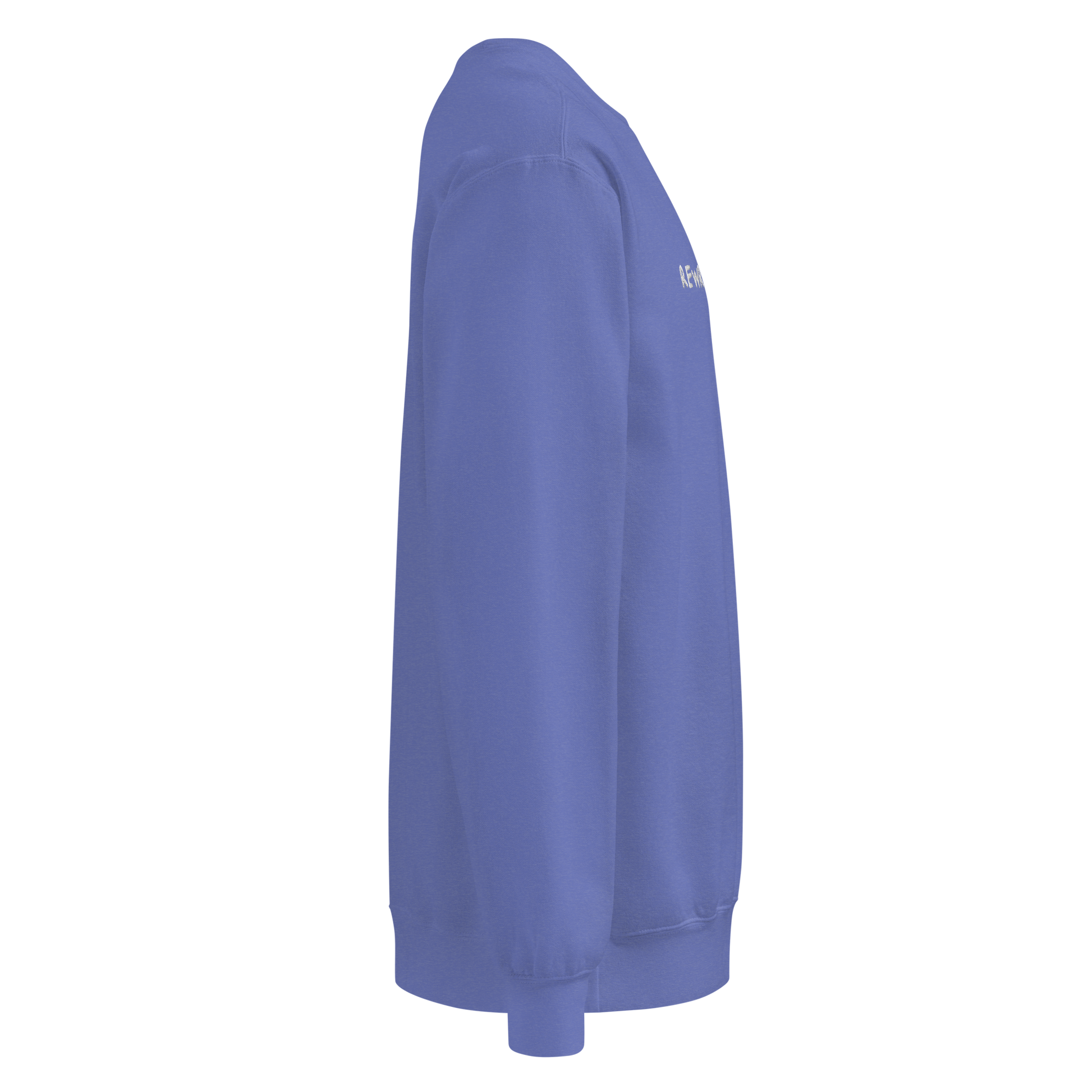 The right side of a blue Crewneck that has nothing written on the sleeve.