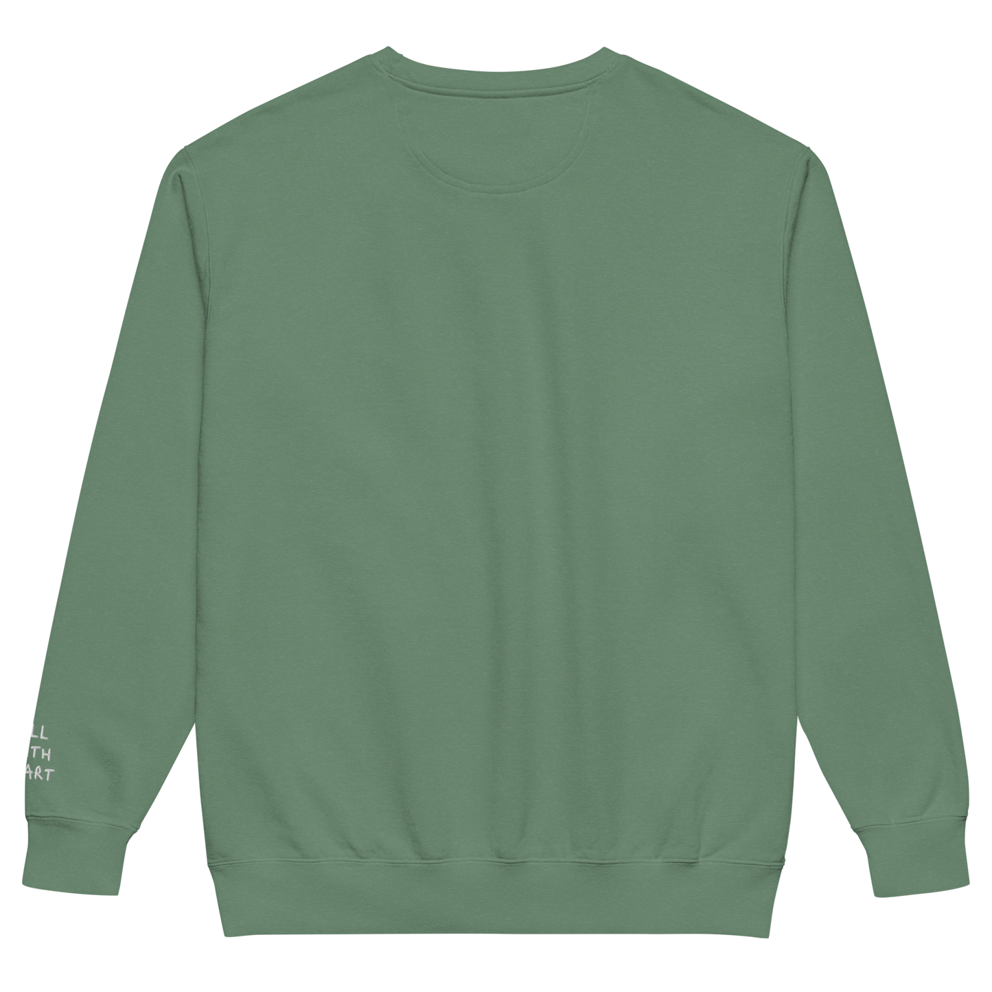 The backside of a green eco-conscious crewneck with nothing on the back.