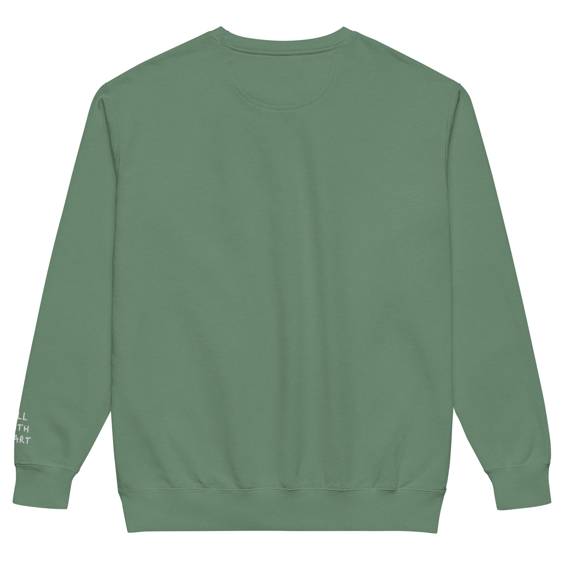 The backside of a green eco-conscious crewneck with nothing on the back.