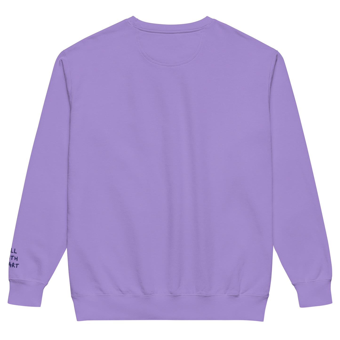 The back side of a purple Crewneck and there is nothing on it.