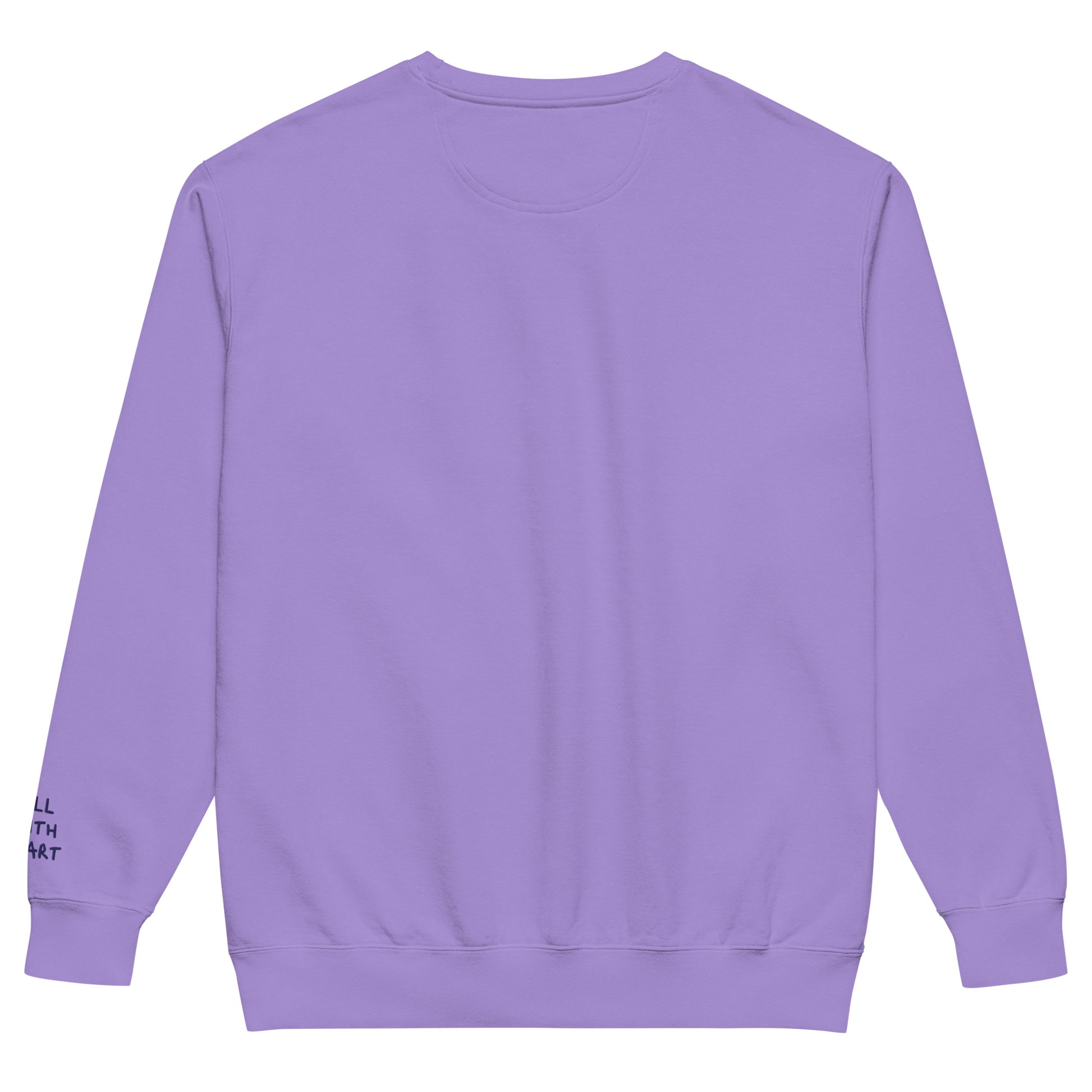 The back side of a purple Crewneck and there is nothing on it.