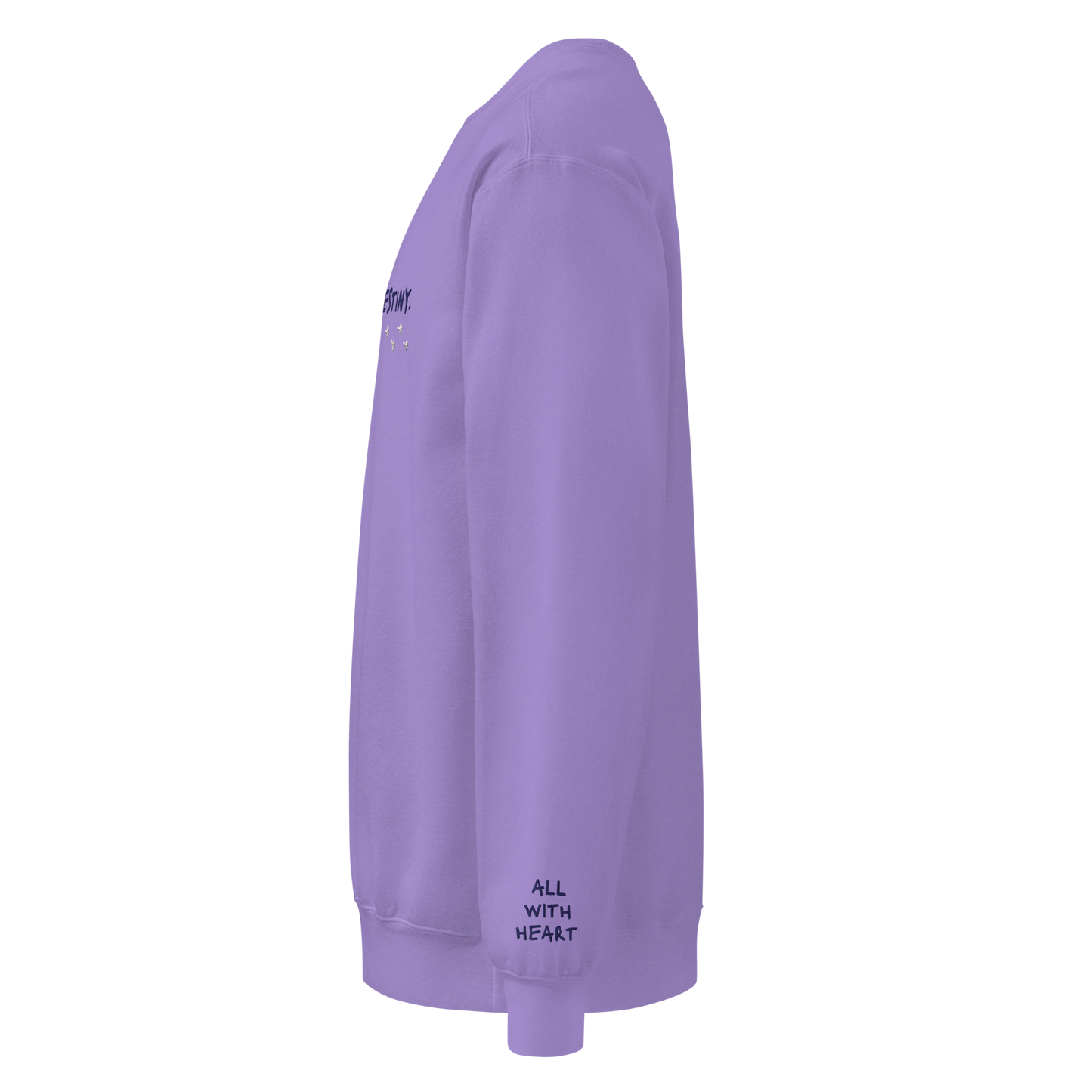 The left side of a purple Crewneck that says “All With Heart” on the sleeve.