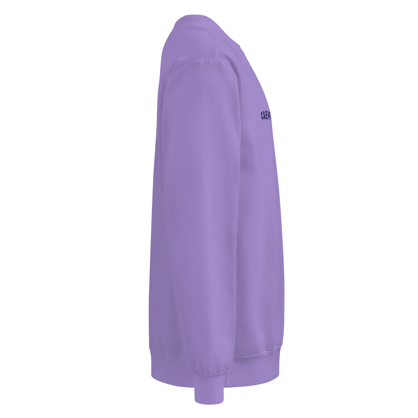 The right side of a purple Crewneck with nothing written on the sleeve.