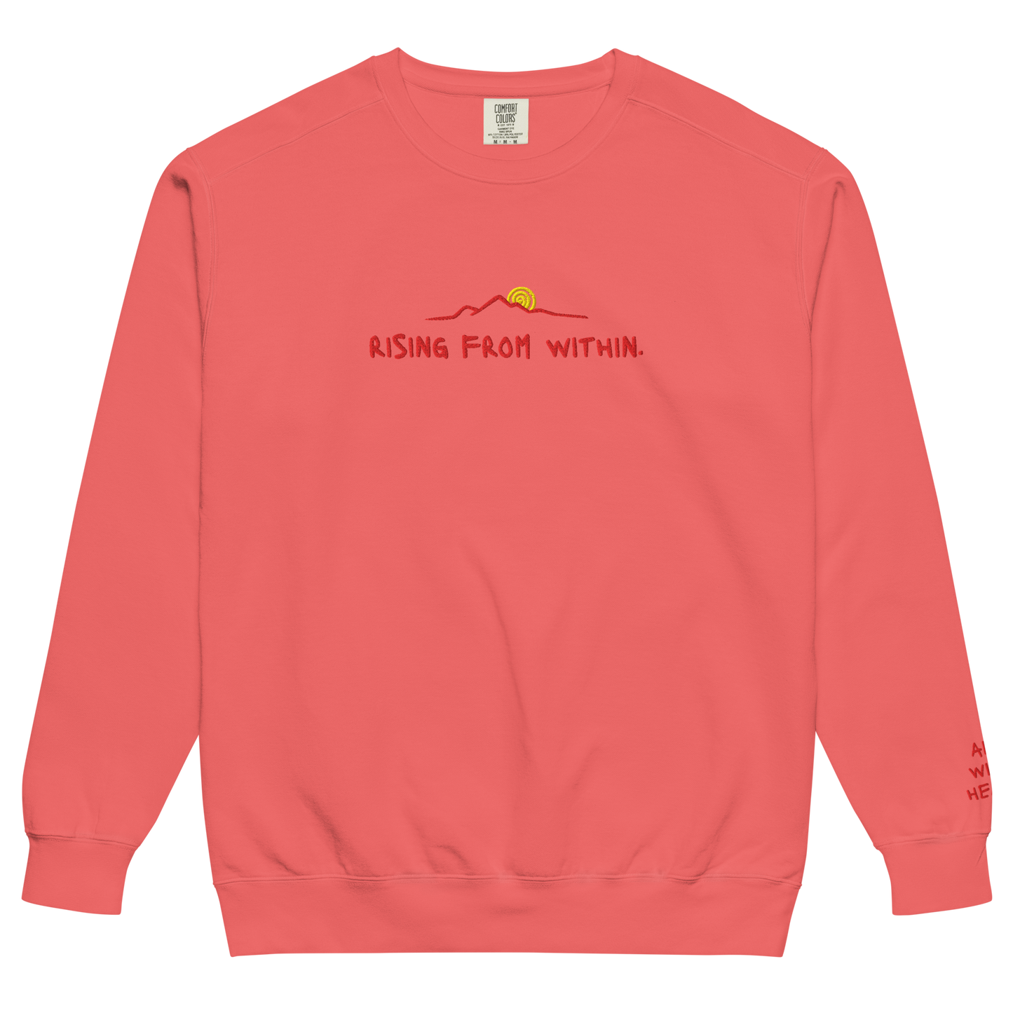 A bright red Crewneck that says “Rising From Within” with a mountain ridge design.