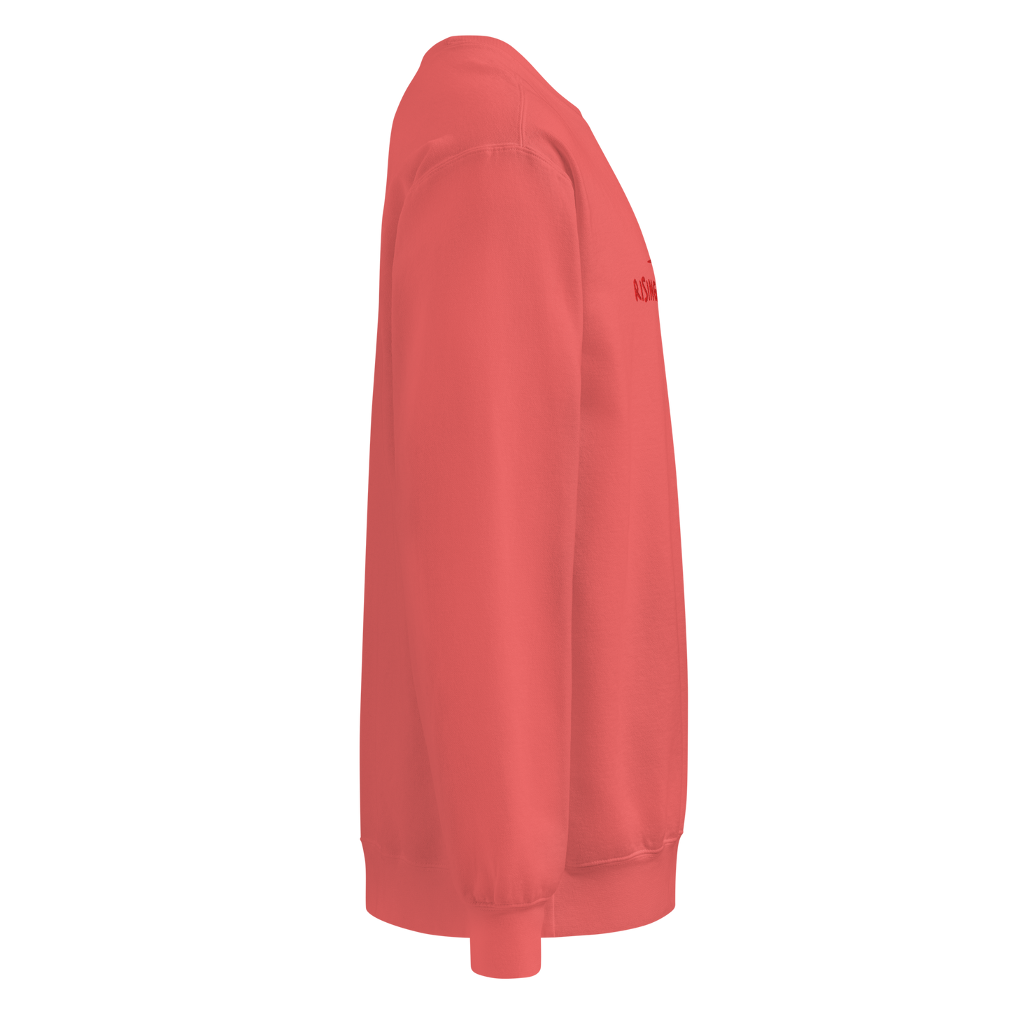 The right side of bright red Crewneck that has nothing written on the sleeve.